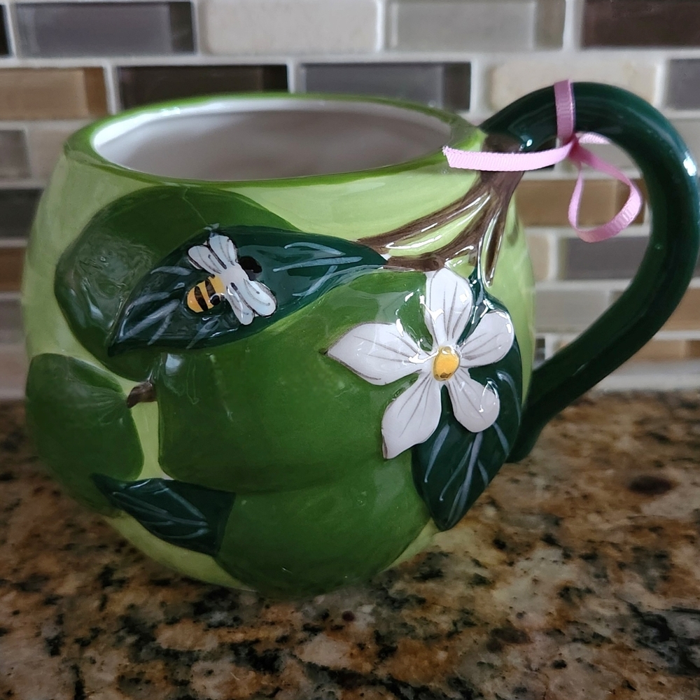 Blue Sky Clayworks Green Summer Lime Tree And Honey Bee Ceramic Coffee Mug ~ New